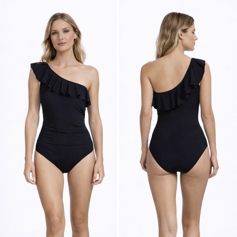 Gottex Profile Black Swimsuit One Piece Ruffle One Shoulder 10 NWT NEW $138